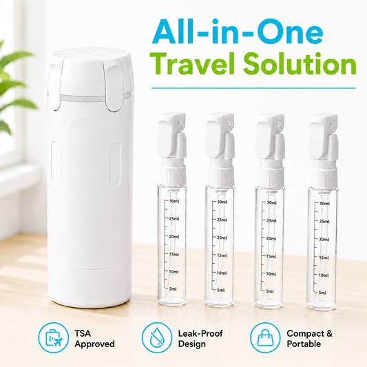 4-in-1 travel toiletry dispenser bottle with four refillable 30 ml pump bottles