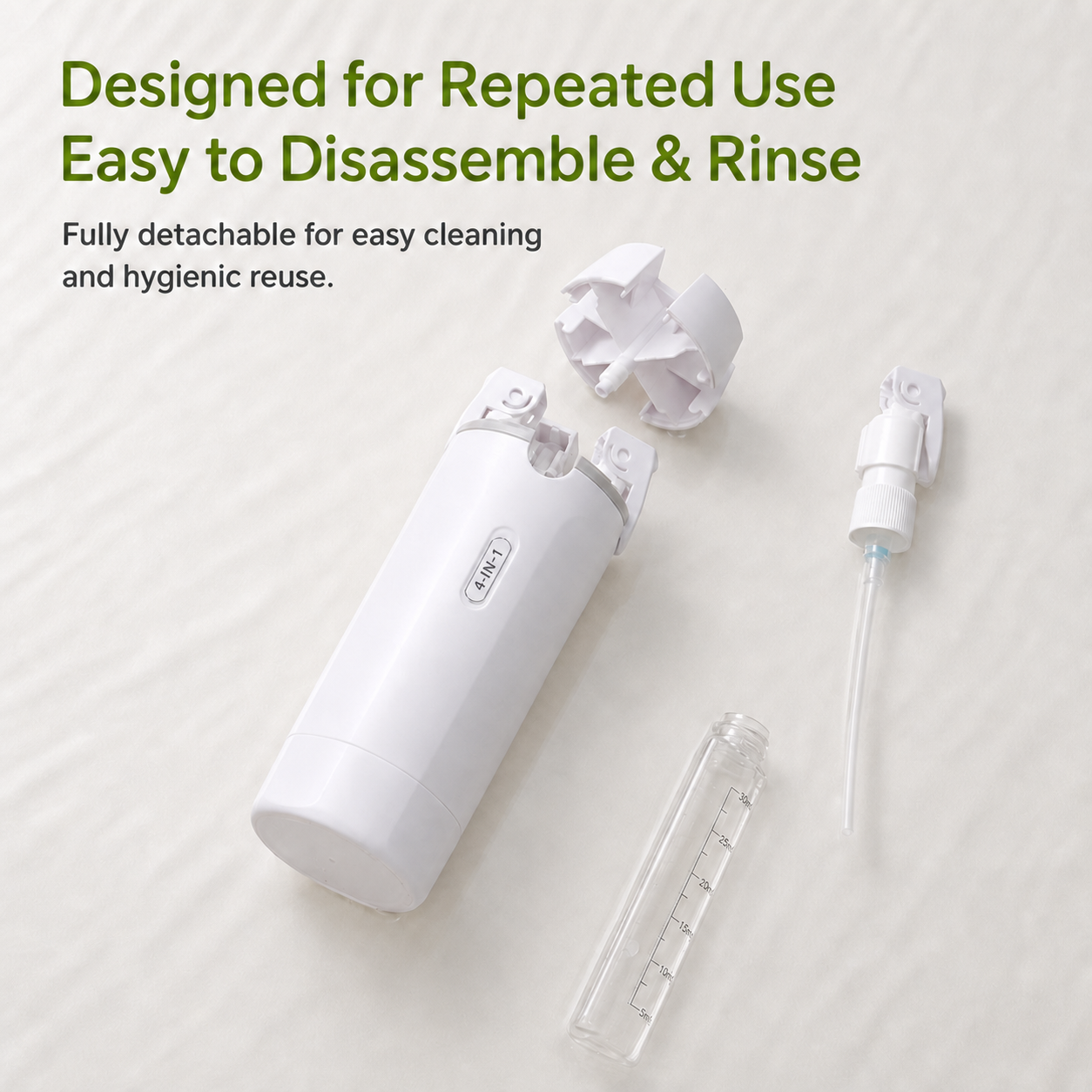 Detachable 4-in-1 travel dispenser components for easy cleaning
