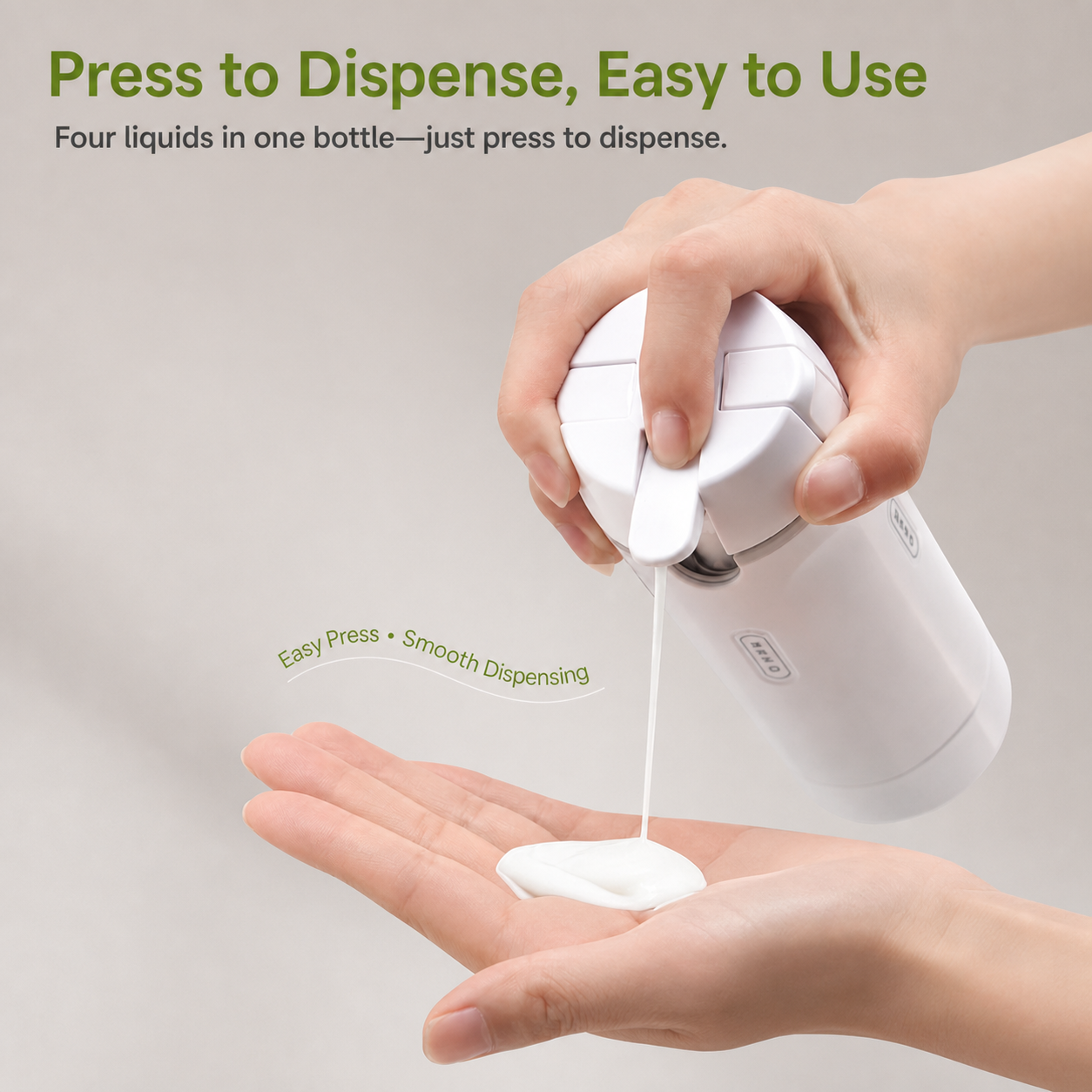 Press-to-dispense 4-in-1 travel toiletry dispenser bottle