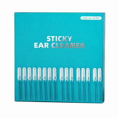 Sticky Ear Cleaning Sticks 24-piece box with clear adhesive tips displayed