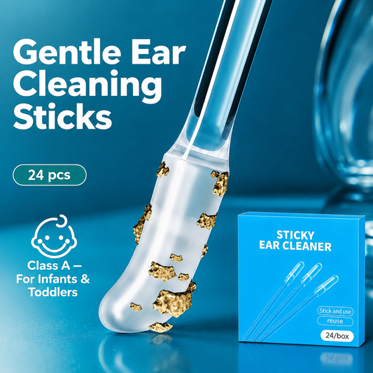 Close-up of a clear Sticky Ear Cleaning Stick tip beside the 24-piece blue retail box
