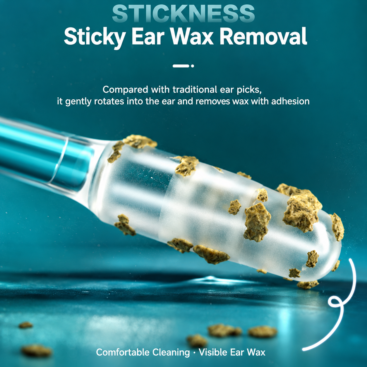 Close-up of a Sticky Ear Cleaning Stick adhesive tip lifting visible residue