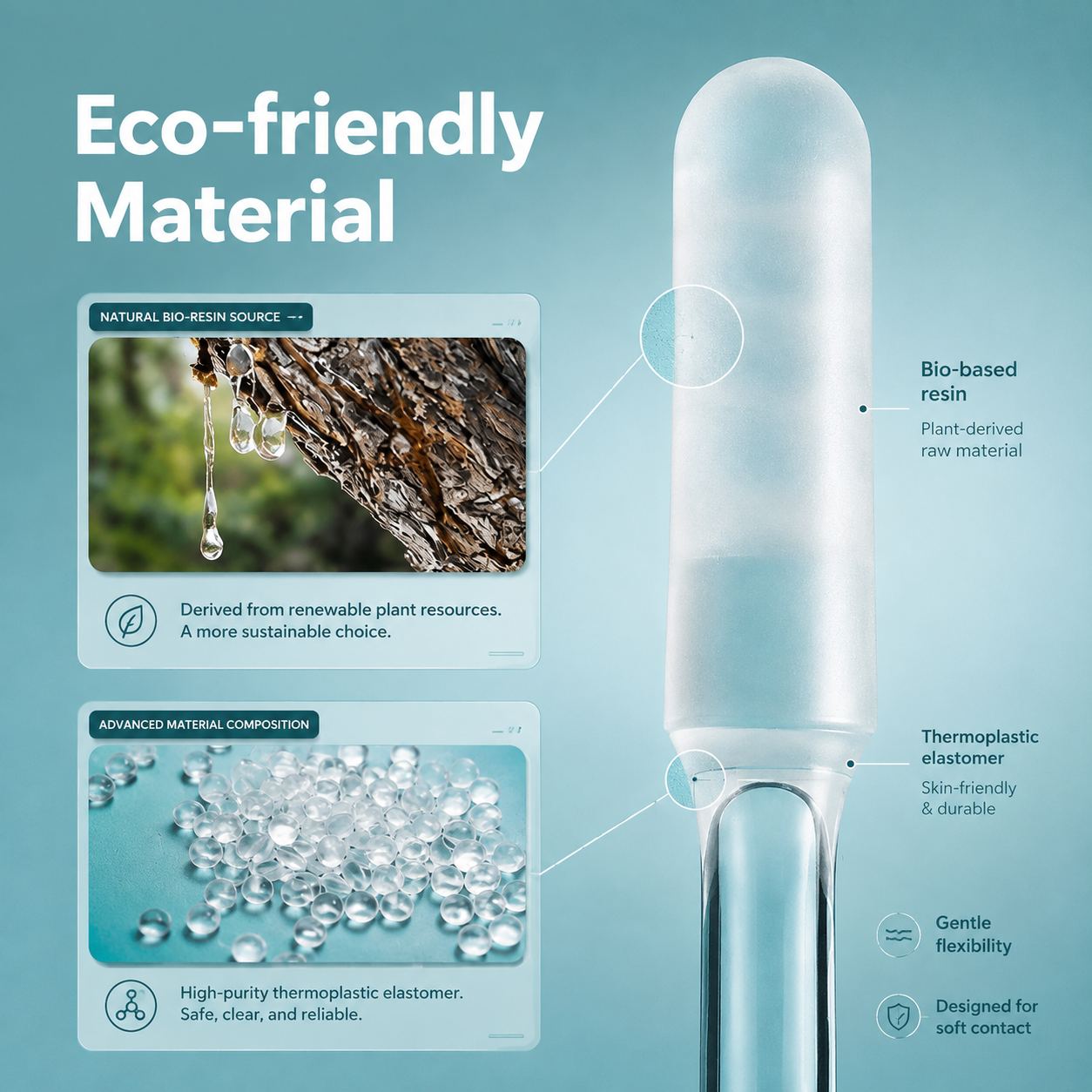 Sticky Ear Cleaning Stick material diagram showing bio-based resin and a flexible elastomer tip