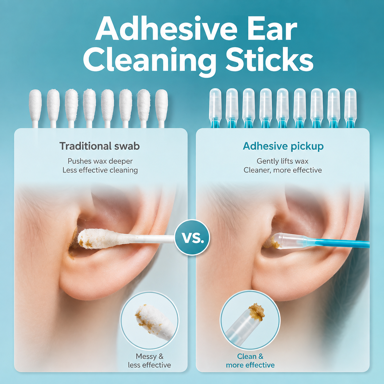Sticky Ear Cleaning Sticks compared with traditional cotton swabs for adhesive pickup