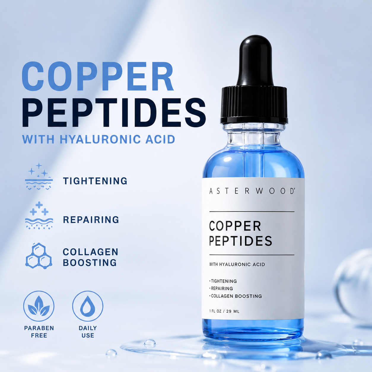 Glass dropper bottle of GHK-CU Copper Peptide Serum bys-store-3331974-226603 for anti-wrinkle and skin repair, 30ml.