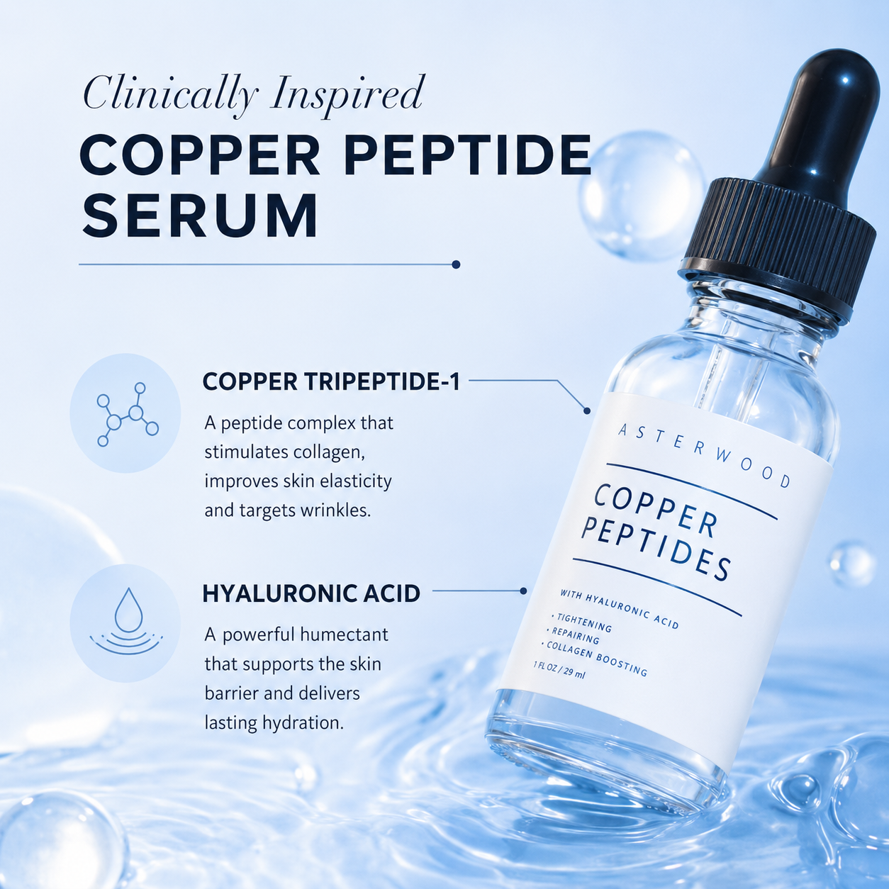 GHK-CU Copper Peptide Serum bys-store-3331974-226603 in a 30ml bottle, shown with the serum bottle and applicator.