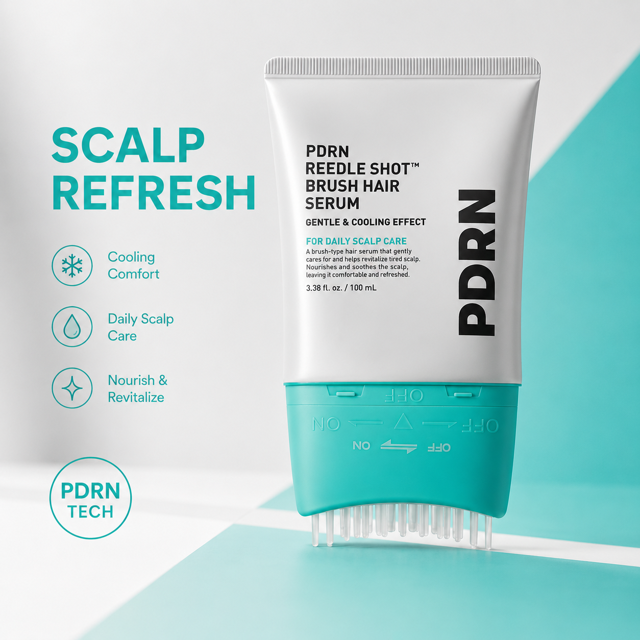 PDRN Reedle Shot Brush Hair Serum in a squeeze tube with a teal and white design, shown alongside product benefits on a clean white and teal graphic background.