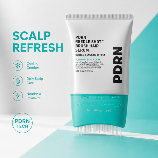 PDRN Reedle Shot Brush Hair Serum in a squeeze tube with a teal and white design, shown alongside product benefits on a clean white and teal graphic background.