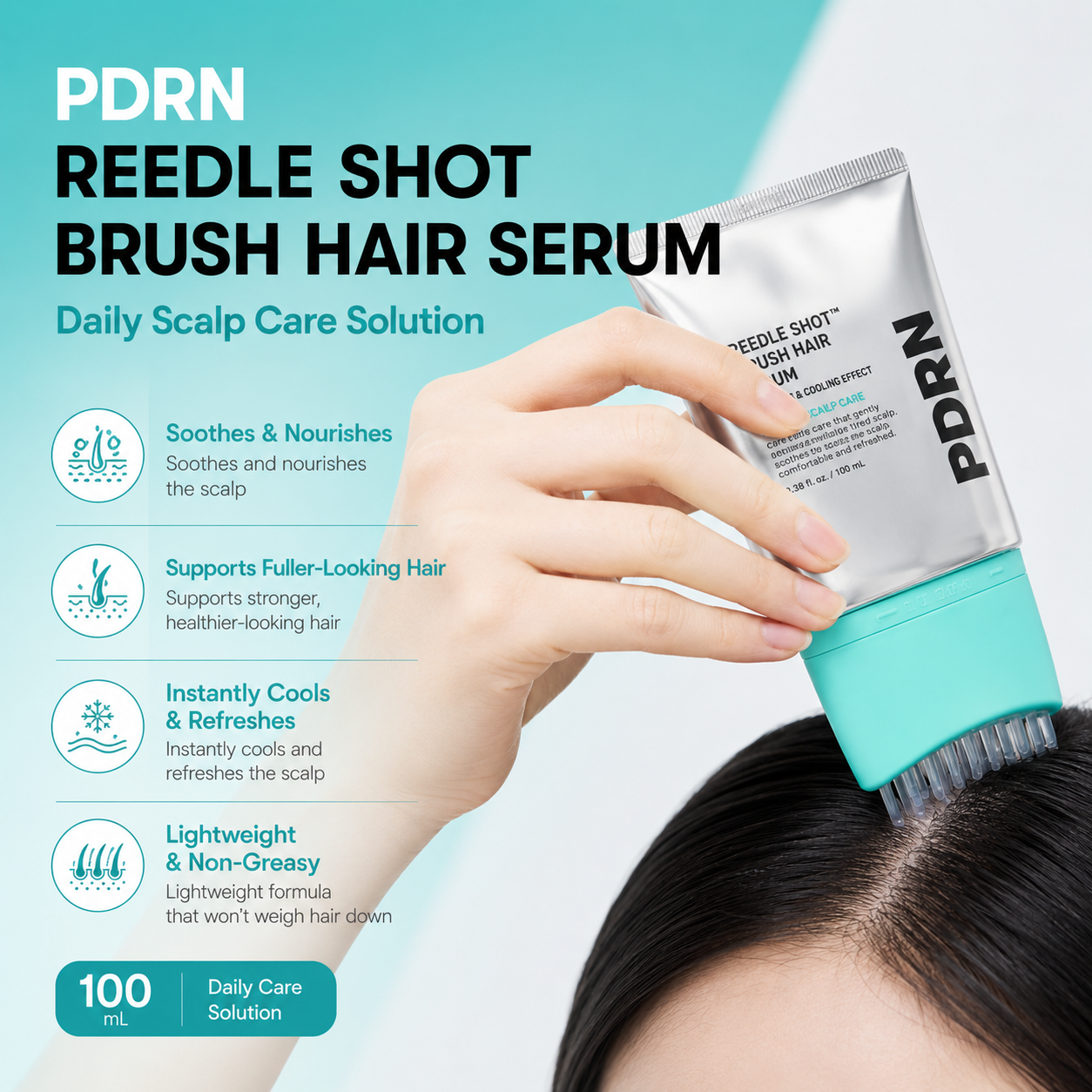 PDRN Reedle Shot Brush Hair Serum 100ml – Cooling Scalp Massager & Nourishing Essence with Microneedling Spicules, Vegan Ginseng & Caffeine for Fuller-Looking Hair