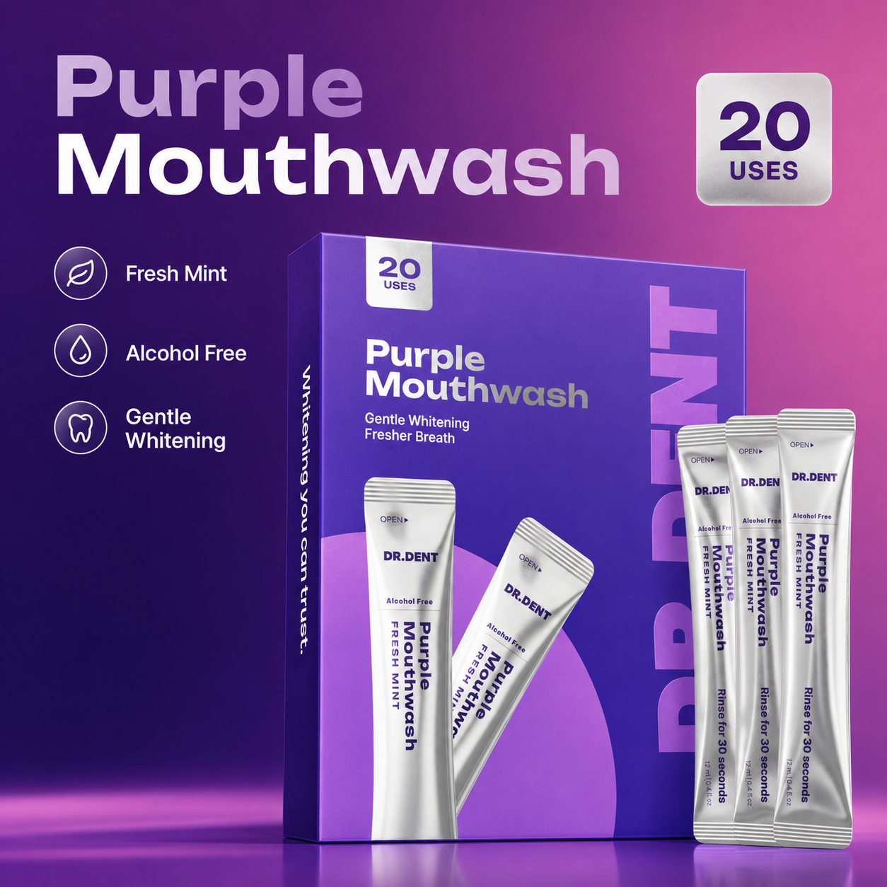 DR.DENT Purple Mouthwash 20 pack product packaging with single-use sachets displayed in front.