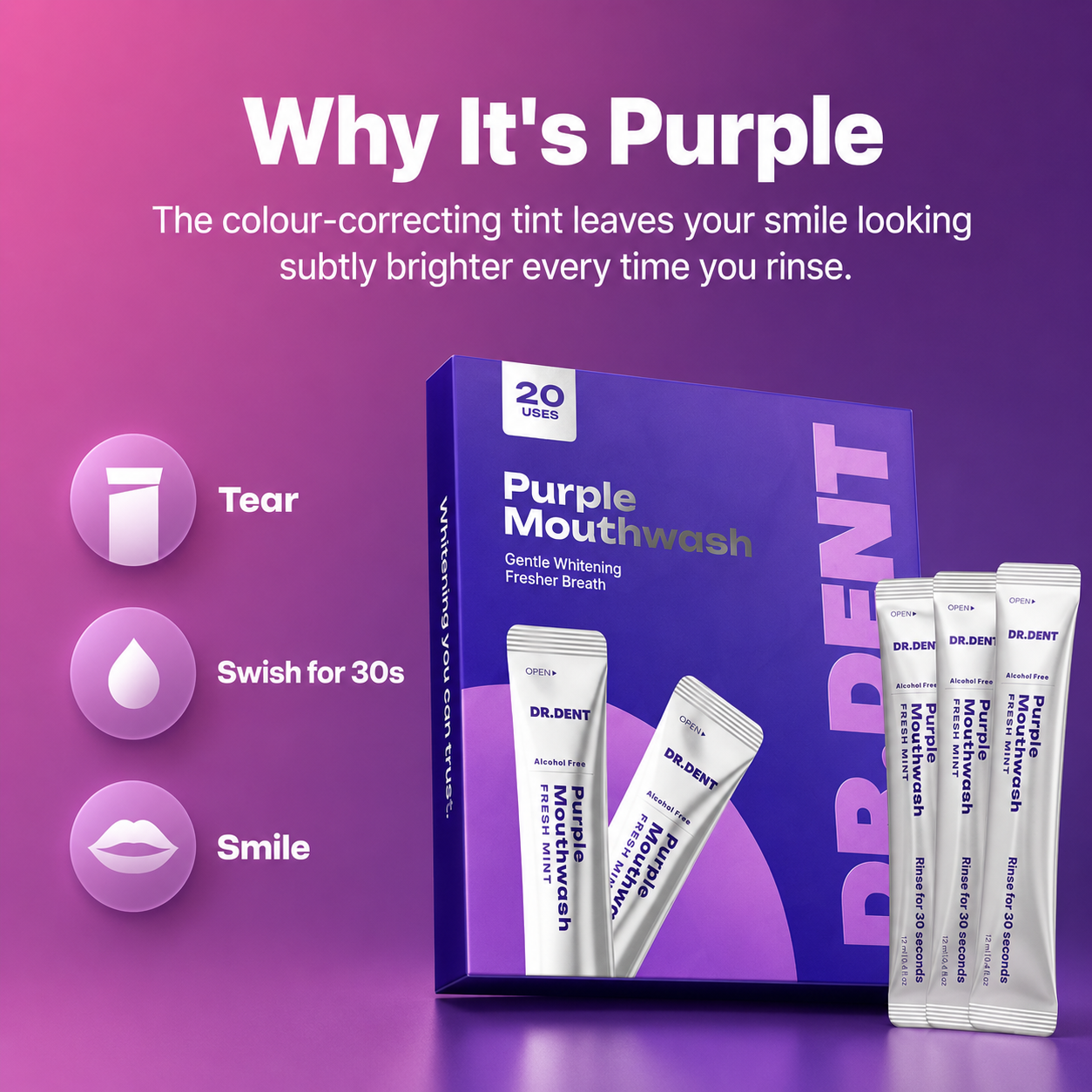 DR.DENT Purple Mouthwash sachets 20 pack product image.