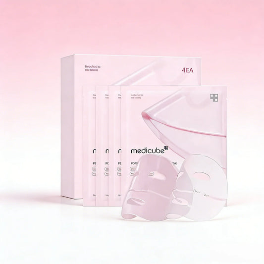 Medicube PDRN Pink Collagen Gel Mask applied on a woman's face, showcasing its hydrating and rejuvenating skincare benefits.