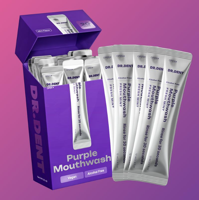 DR. DENT Purple Mouthwash packets with packaging on a purple background