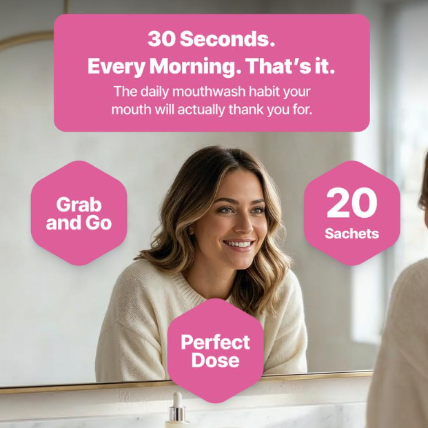 Promotional graphic for a purple mouthwash product with a smiling woman in a bathroom mirror scene, pink text bubbles reading 30 Seconds. Every Morning.