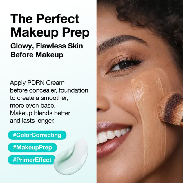 Graphic titled The Perfect Makeup Prep featuring a woman blending liquid foundation and text promoting PDRN Cream as a color-correcting primer for flawless skin.