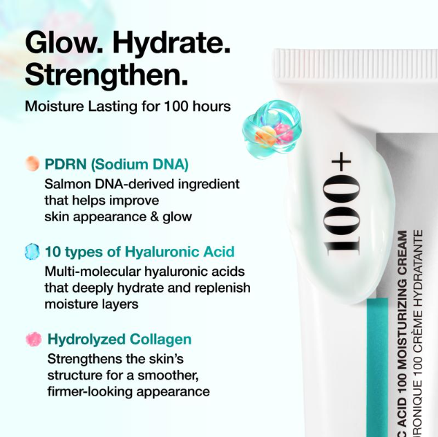benefits of a 100-hour moisturizing cream with PDRN salmon DNA, 10 types of hyaluronic acid, and hydrolyzed collagen.