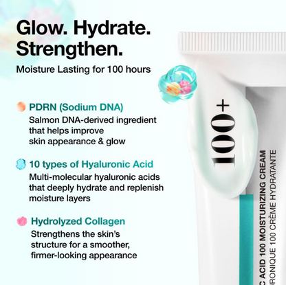 benefits of a 100-hour moisturizing cream with PDRN salmon DNA, 10 types of hyaluronic acid, and hydrolyzed collagen.