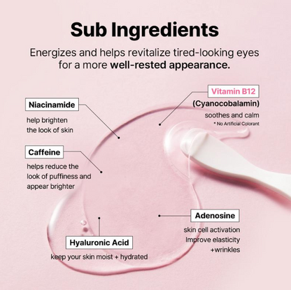 An informational graphic titled 'Sub Ingredients' on a pale pink background, showing a pink cosmetic gel droplet with a white spatula and callout labels for Niacinamide, Vitamin B12, Caffeine, and Adenosine.