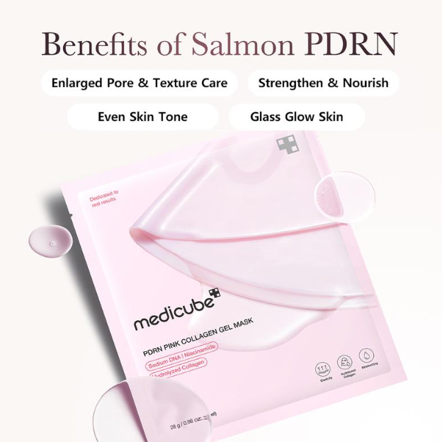 A pink Medlcube PDRN Pink Collagen Gel Mask packet shown on a light beige background with marketing text above reading 'Benefits of Salmon PDRN' and callouts for pore care, skin nourishment, even tone, and glass glow skin.