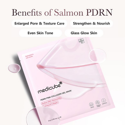 A pink Medlcube PDRN Pink Collagen Gel Mask packet shown on a light beige background with marketing text above reading 'Benefits of Salmon PDRN' and callouts for pore care, skin nourishment, even tone, and glass glow skin.