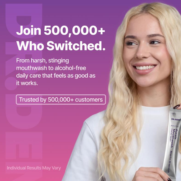 A smiling blonde woman in a white top holds a tube of mouthwash against a purple-to-pink gradient background with promotional text about switching to a better mouthwash and trust from 500,000+ customers.