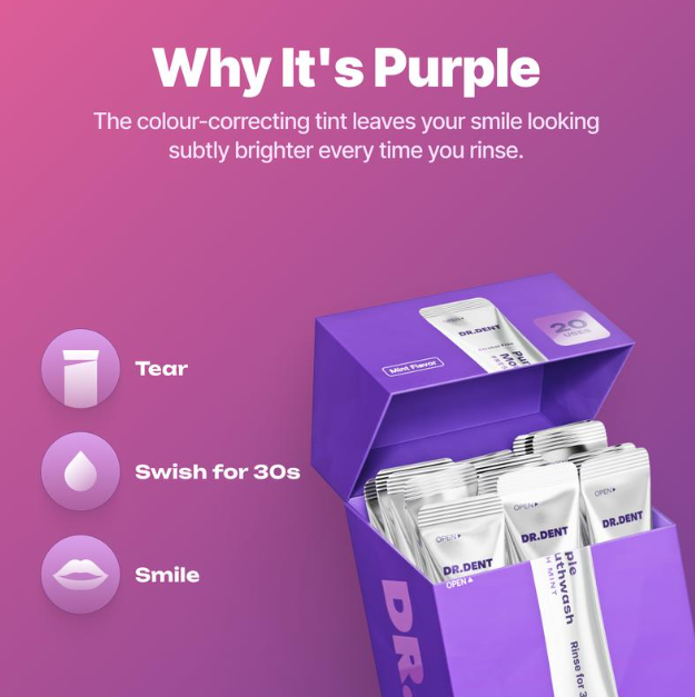 Purple packaging of DR. DENT products with instructions on a purple background