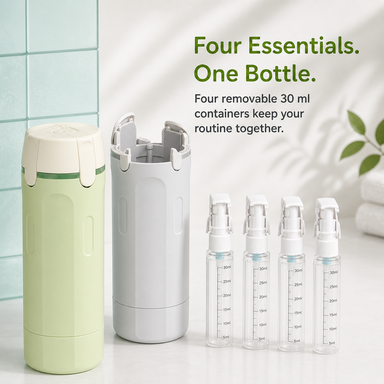 Four removable 30 ml containers inside the 4-in-1 travel dispenser