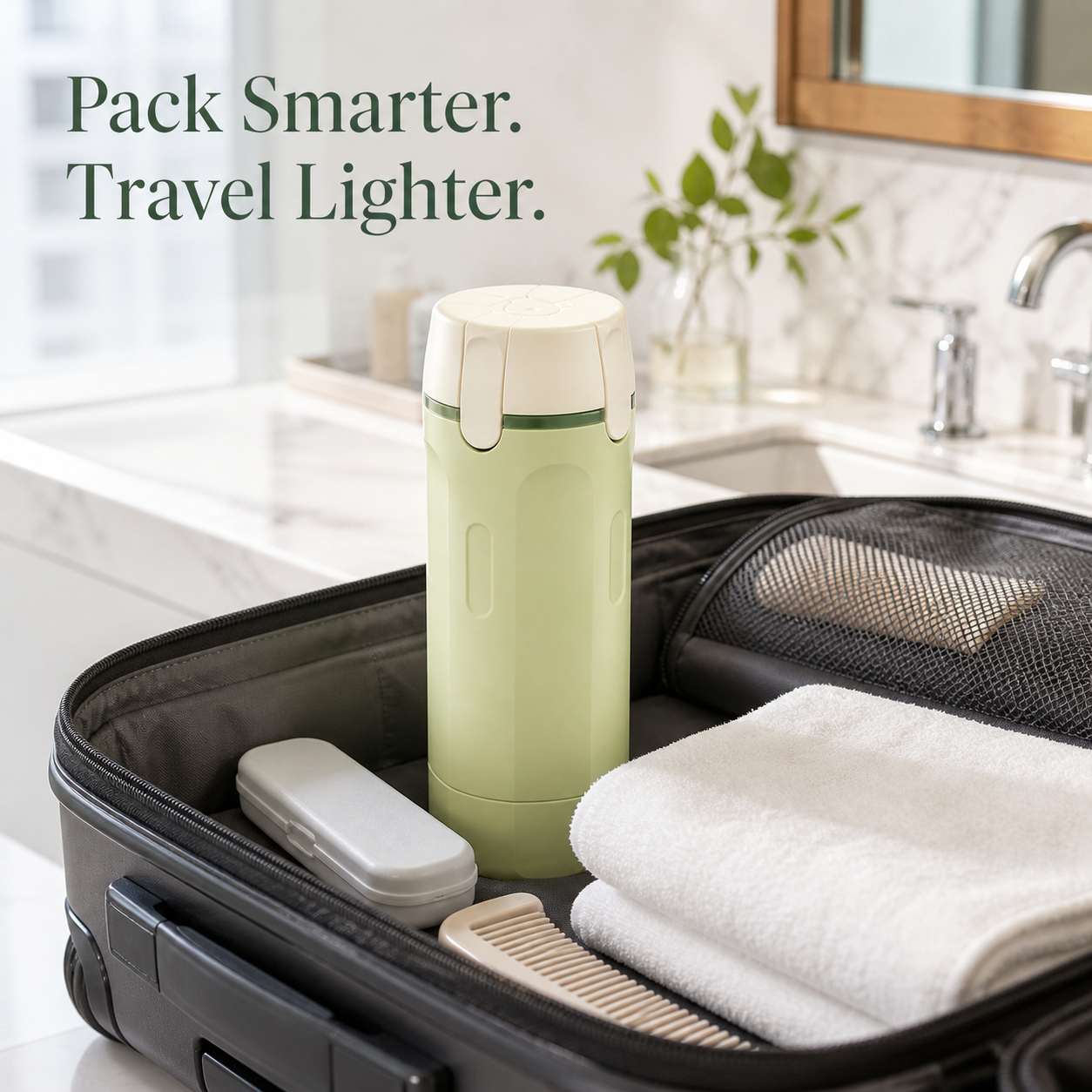 Serene Green travel dispenser packed in an open carry-on