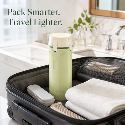 Serene Green travel dispenser packed in an open carry-on