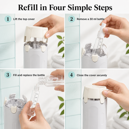 Four steps to refill the 4-in-1 travel dispenser