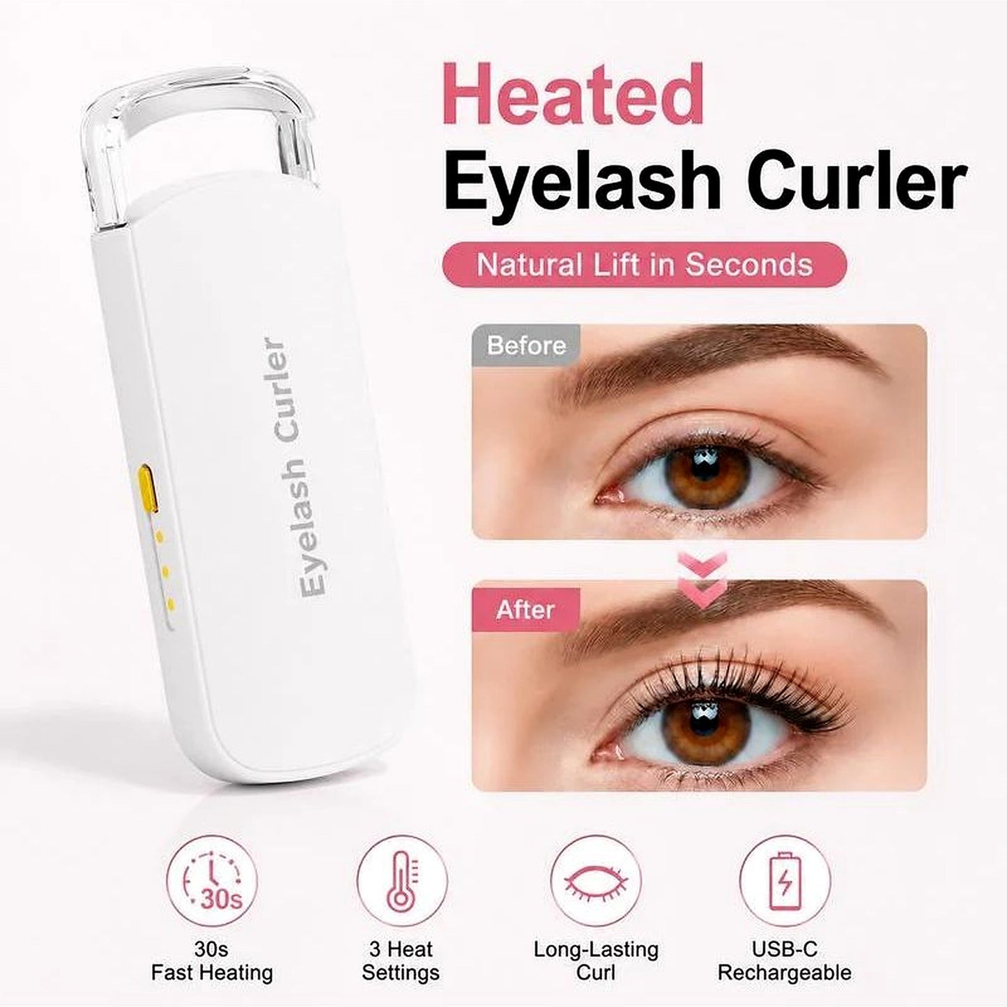 White USB rechargeable heated eyelash curler with before-and-after lash lift
