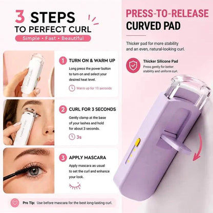 Three-step guide for using the heated eyelash curler with a curved silicone pad