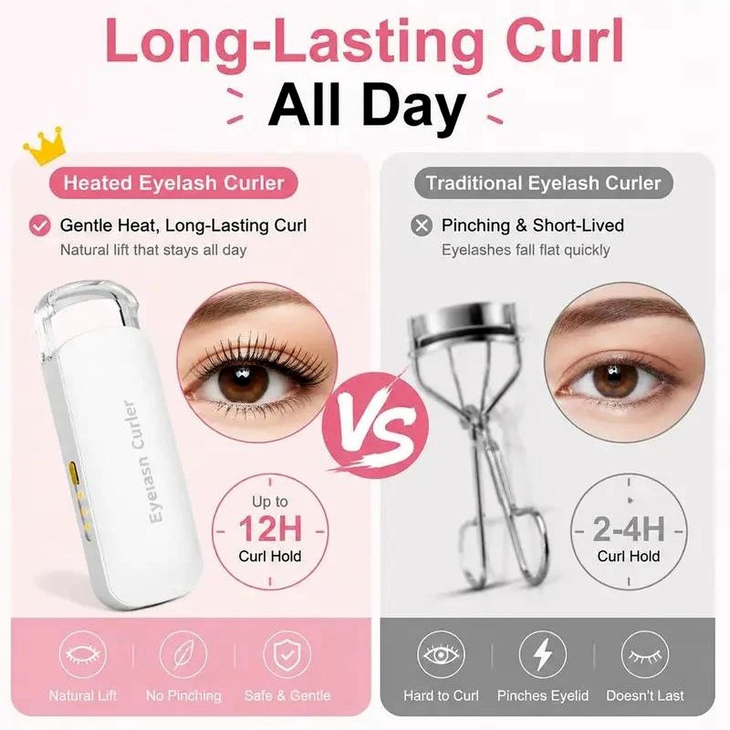 Heated eyelash curler compared with a traditional lash curler for hold and comfort