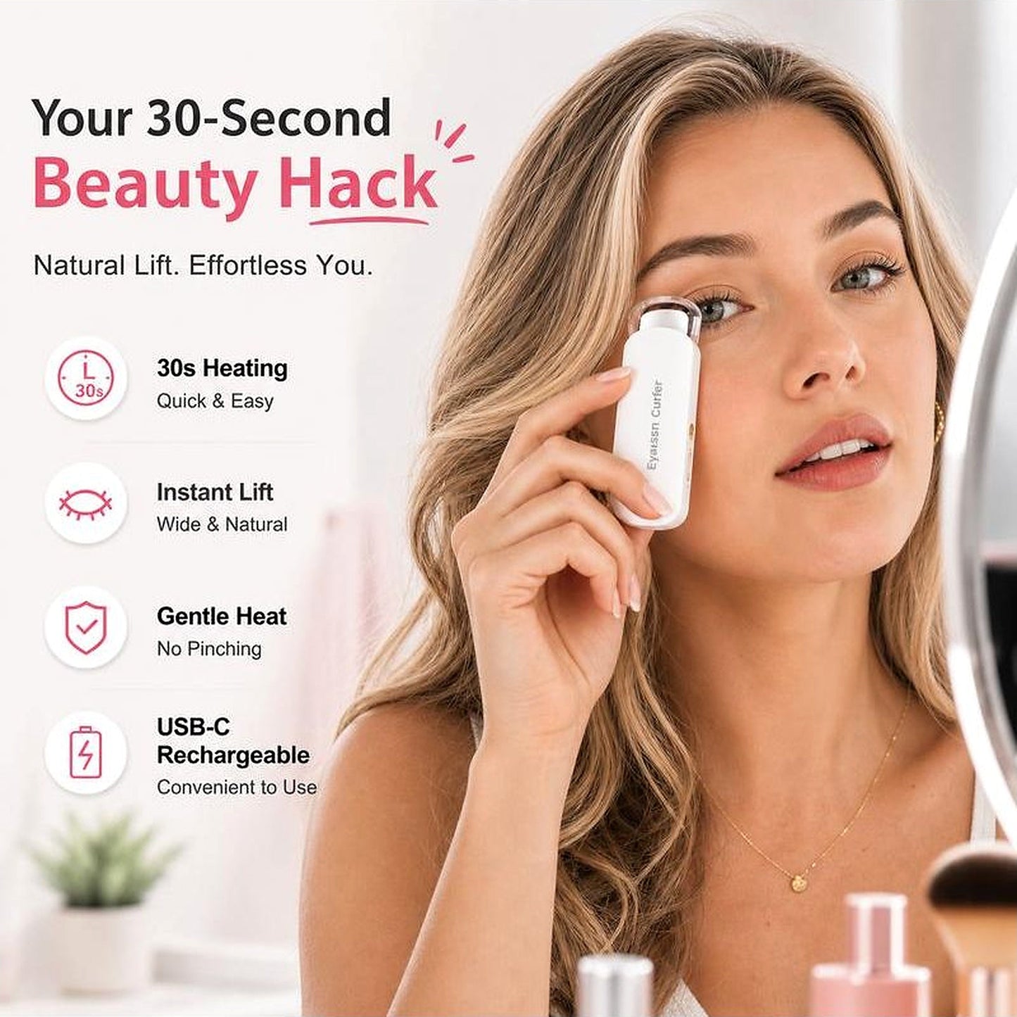 Woman using a USB-C rechargeable heated eyelash curler in a 30-second lash routine