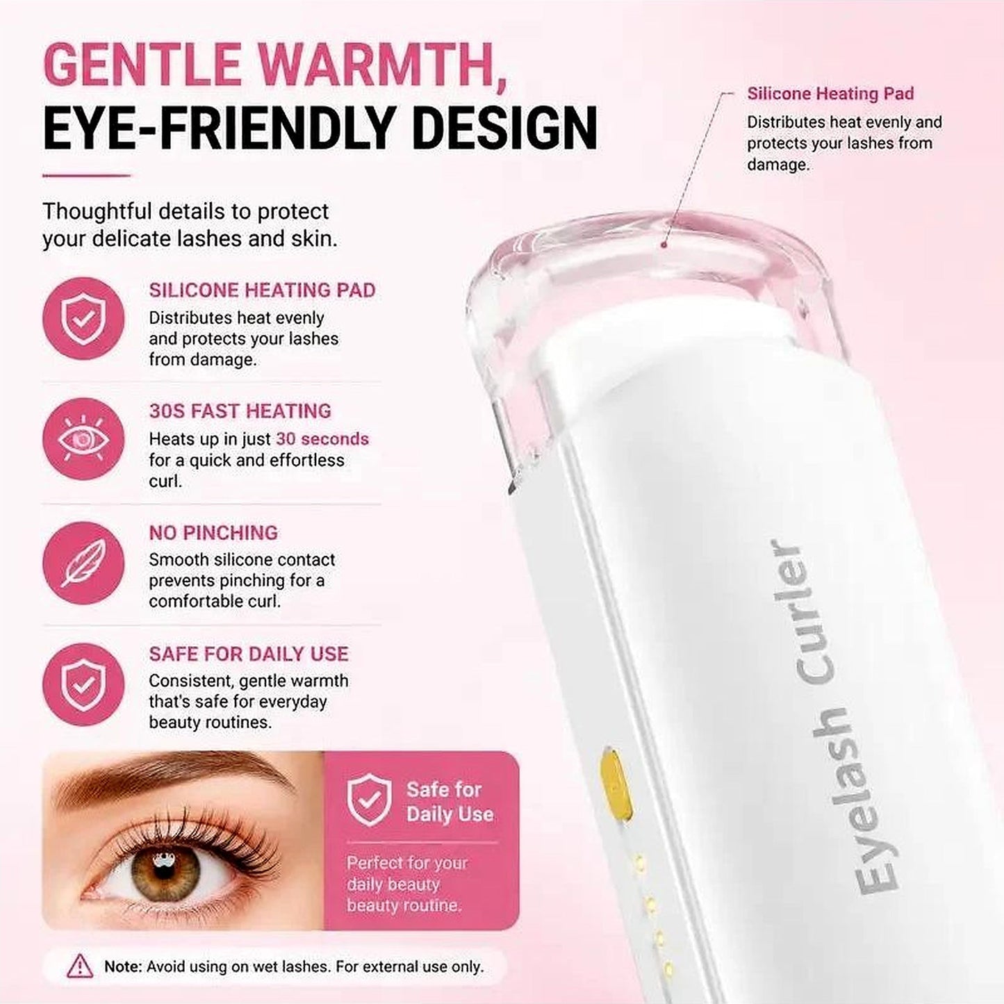 Heated eyelash curler silicone pad, fast warm-up and eye-friendly safety features