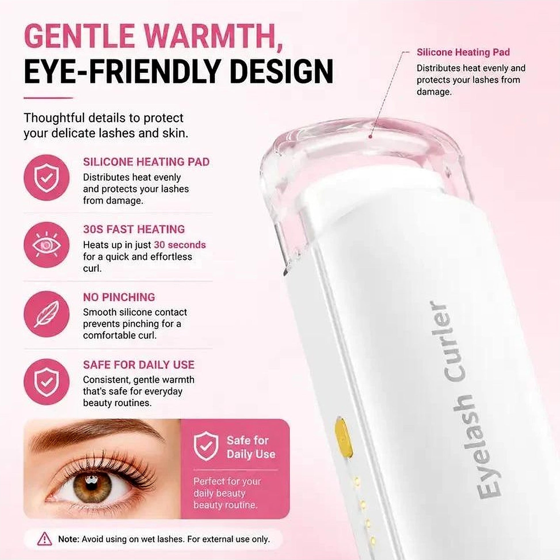 Heated eyelash curler silicone pad, fast warm-up and eye-friendly safety features
