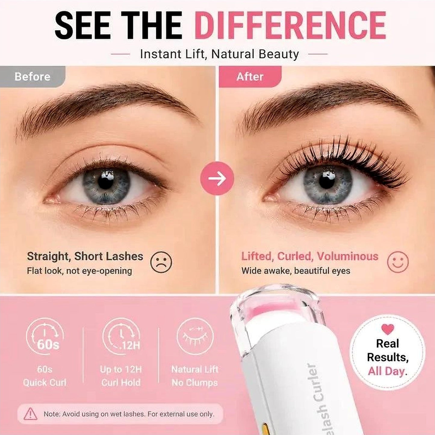 Before-and-after eyelashes styled with a heated eyelash curler