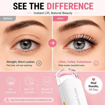 Before-and-after eyelashes styled with a heated eyelash curler