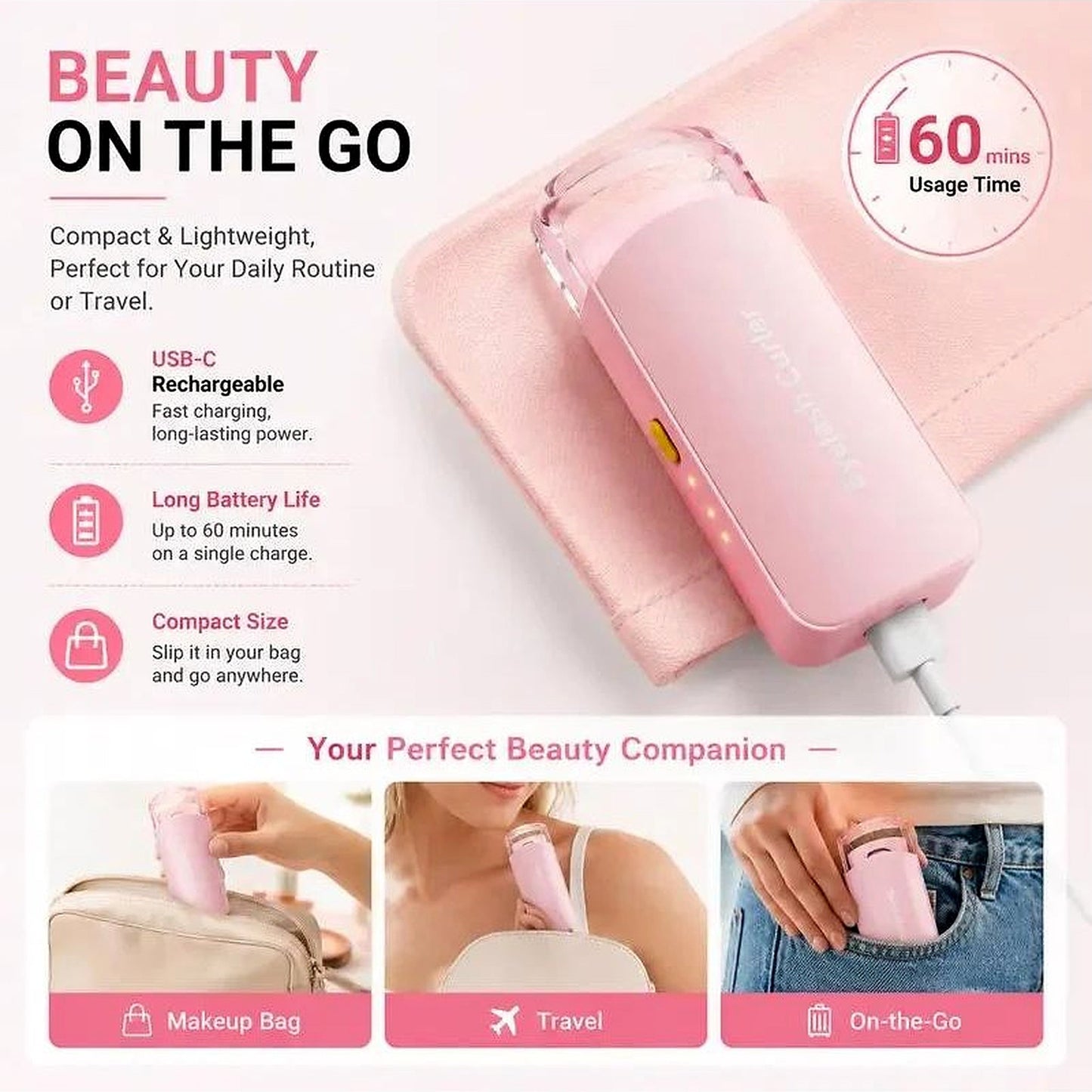 Pink USB-C heated eyelash curler charging beside a makeup bag for travel