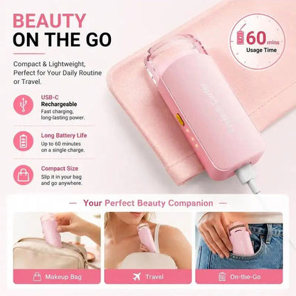 Pink USB-C heated eyelash curler charging beside a makeup bag for travel
