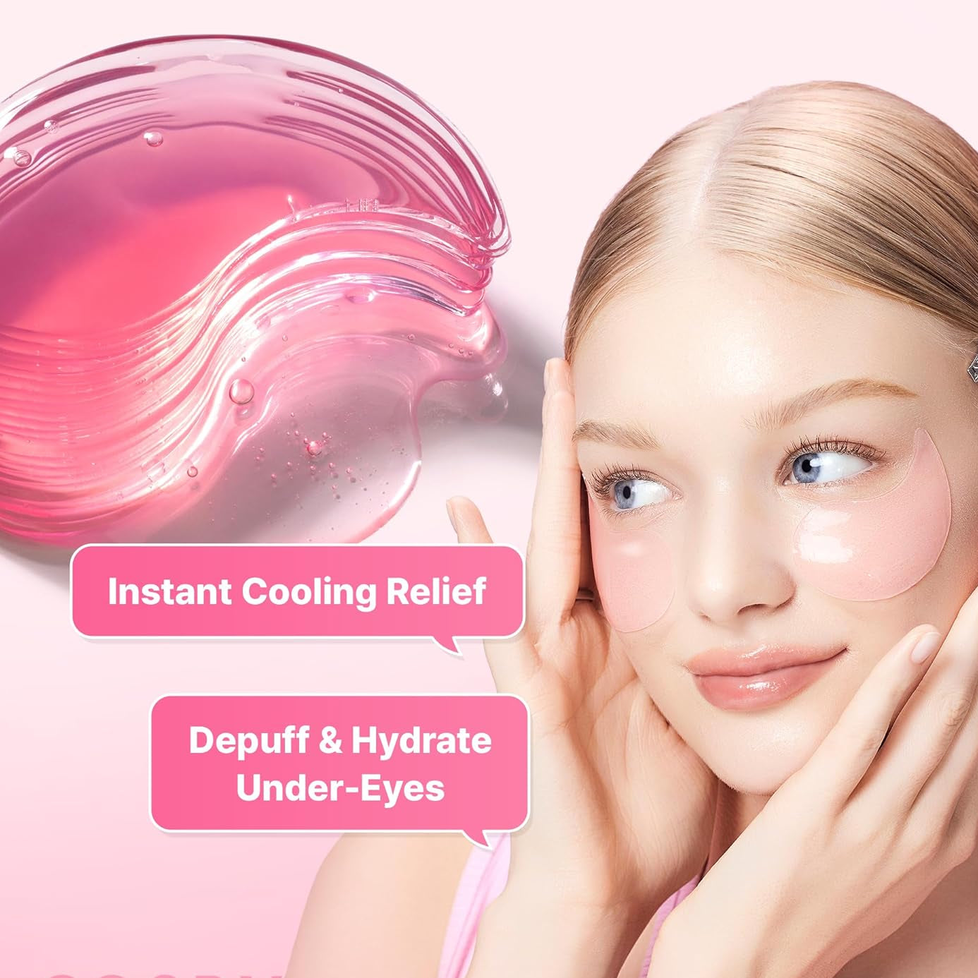 Woman wearing pink hydrogel eye patches for a cooling, hydrated under-eye routine