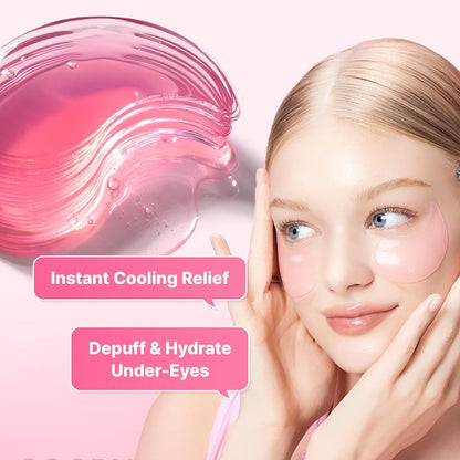 Woman wearing pink hydrogel eye patches for a cooling, hydrated under-eye routine
