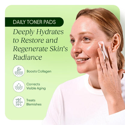 Woman using JiYu Daily Toner Pads with hydration and skin-smoothing benefit callouts