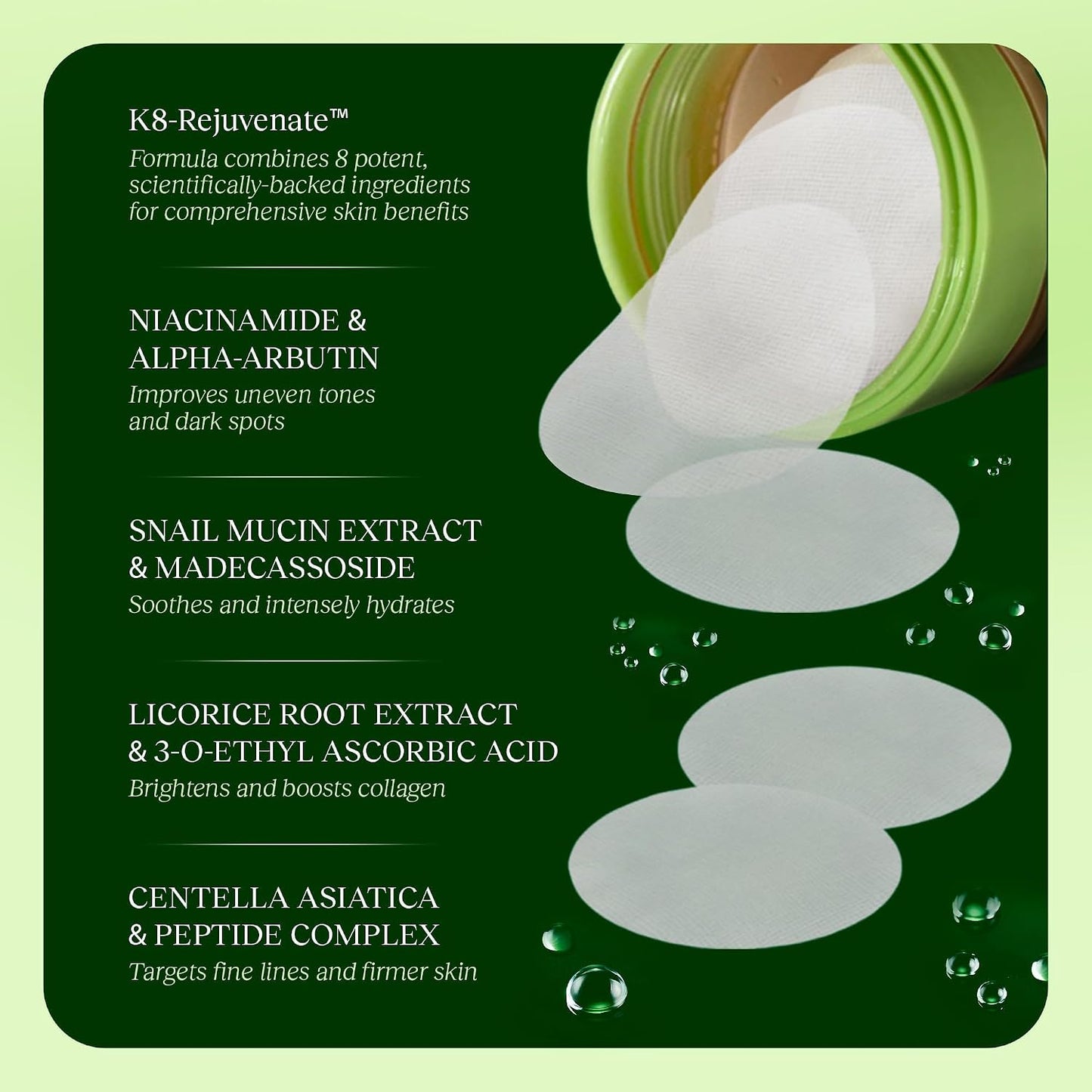 JiYu Daily Toner Pads ingredient graphic with niacinamide, snail mucin, licorice and centella