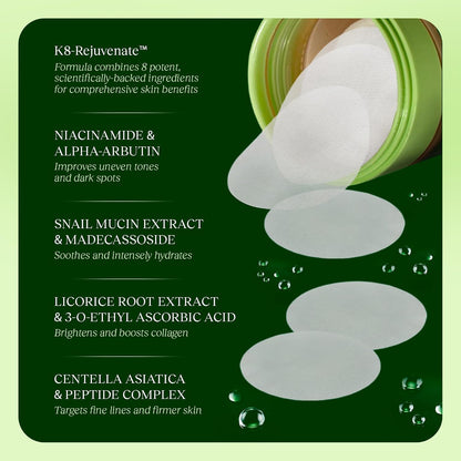 JiYu Daily Toner Pads ingredient graphic with niacinamide, snail mucin, licorice and centella