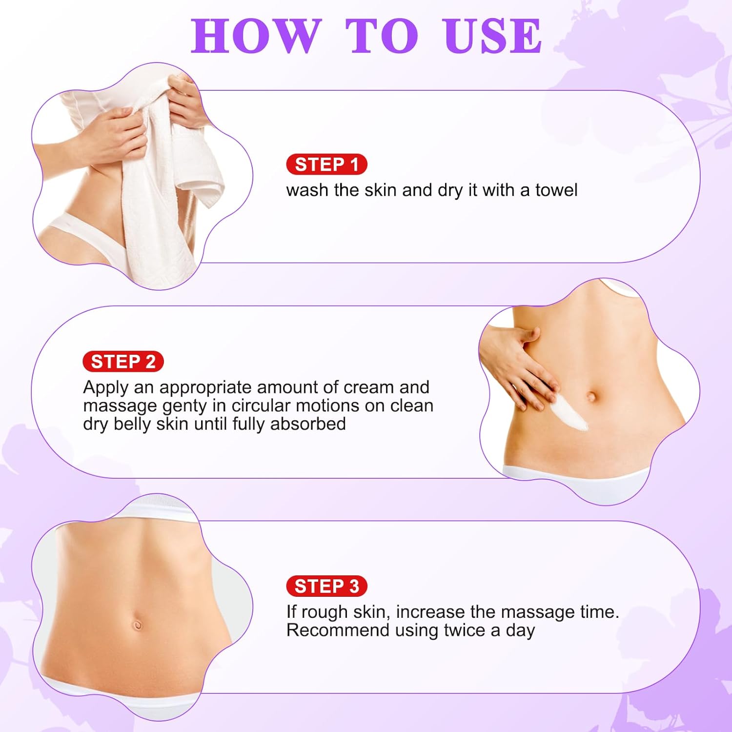 Three-step directions for applying goPure Belly Firming Cream to clean, dry belly skin