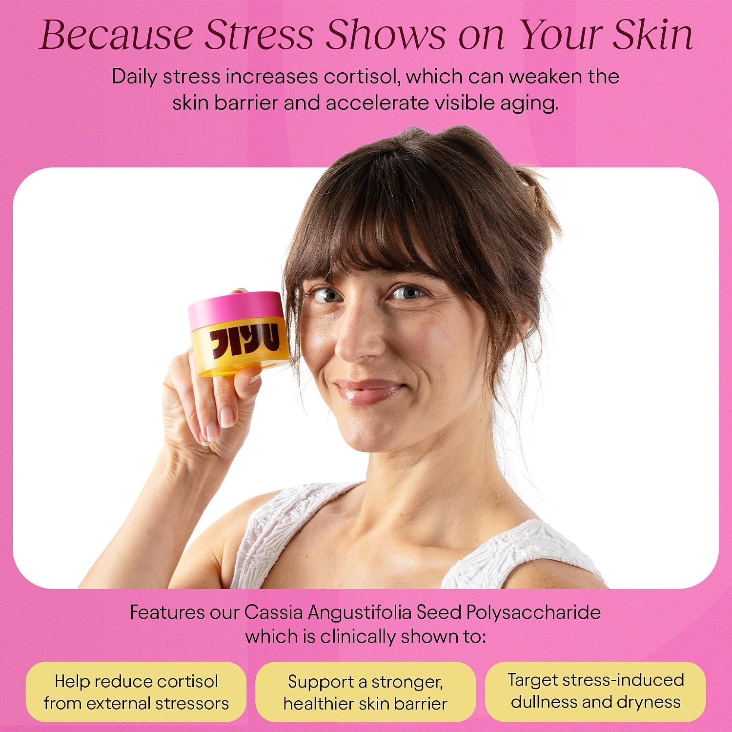 Woman holding JiYu NAD+ Cream with Cassia seed polysaccharide benefit callouts
