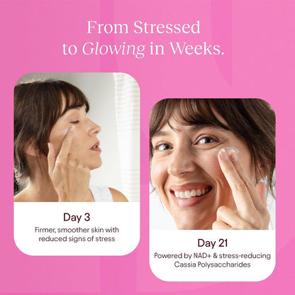 Woman applying JiYu NAD+ Cream in a Day 3 and Day 21 skincare routine comparison