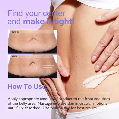 How to massage goPure Belly Firming Cream onto the belly with before-and-after reference