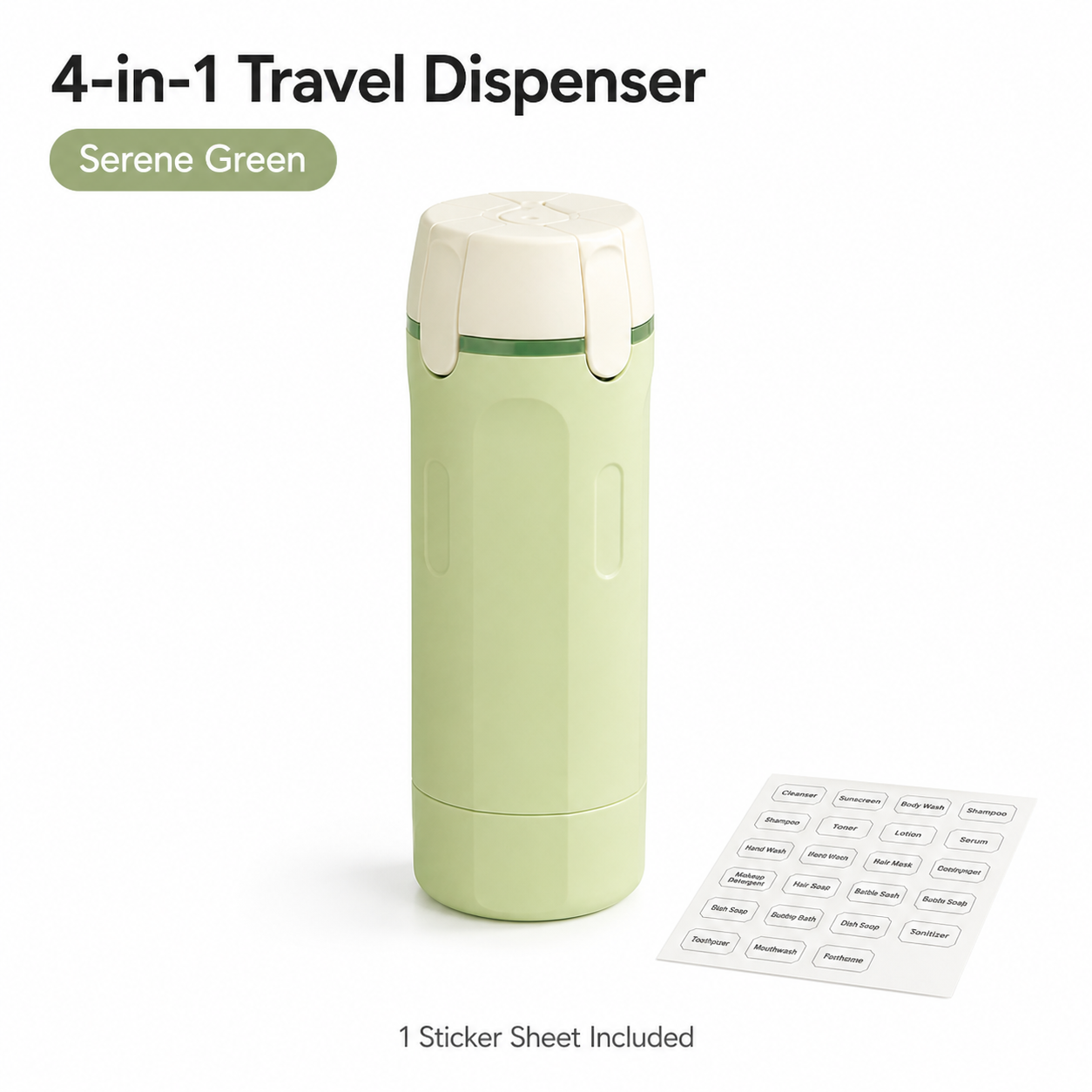 Serene Green 4-in-1 travel dispenser with sticker sheet